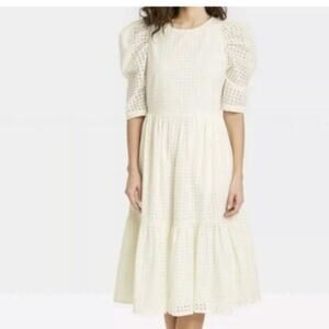 A New Day White Eyelet Puff Sleeve Maci Dress, Romantic, Lagenlook, Cottagecore,